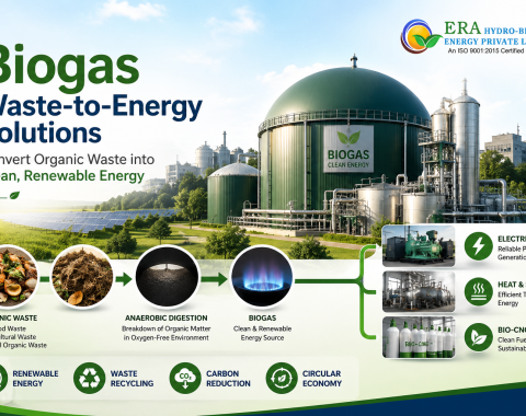 Biogas plant infographic showing waste-to-energy process from organic waste to clean energy and electricity