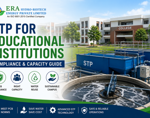 ERA Hydro-Biotech banner showing large text STP FOR EDUCATIONAL INSTITUTIONS with blue wastewater tanks in the foreground and a college building in the background, plus the company logo at top-left and icons at bottom about compliance and sustainability.